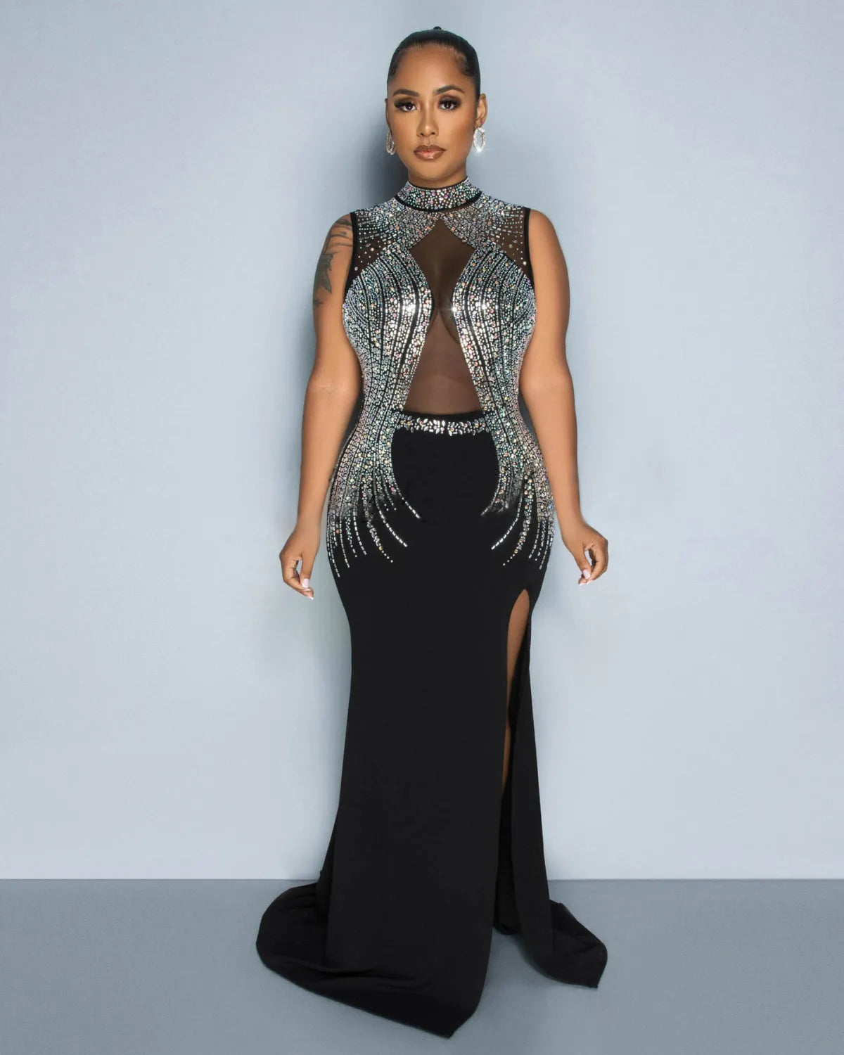 Sexy Party Elegant Formal Patchwork Slit Mesh Hot Drill Half A Turtleneck Asymmetrical Dresses