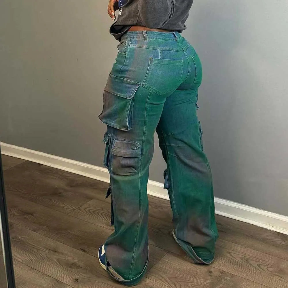 Stretch Multi-pocket Spray-colored Denim Straight Overalls
