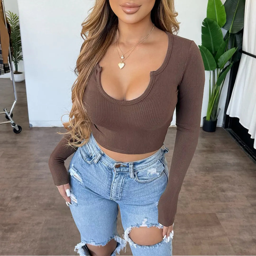 Solid Color Pit V Neck Long Sleeve Crop Top