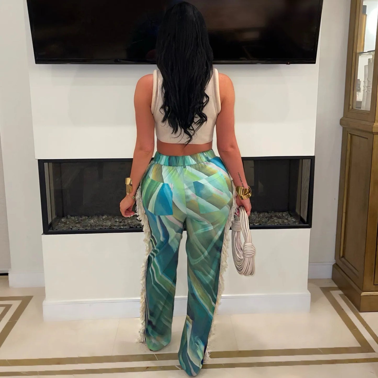 Women's Fashion Printed Tassel Straight Casual Pants Ladies Trousers