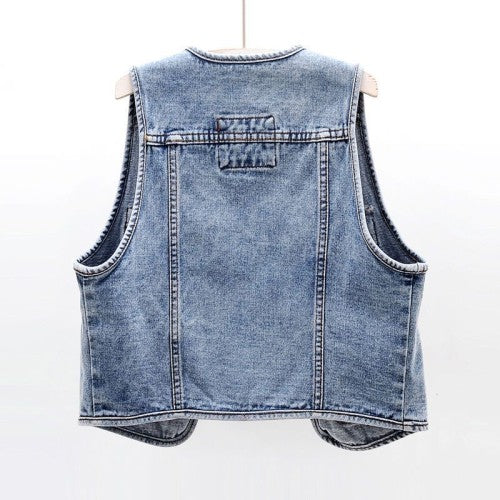 Multi Pocket Denim Cropped Vest