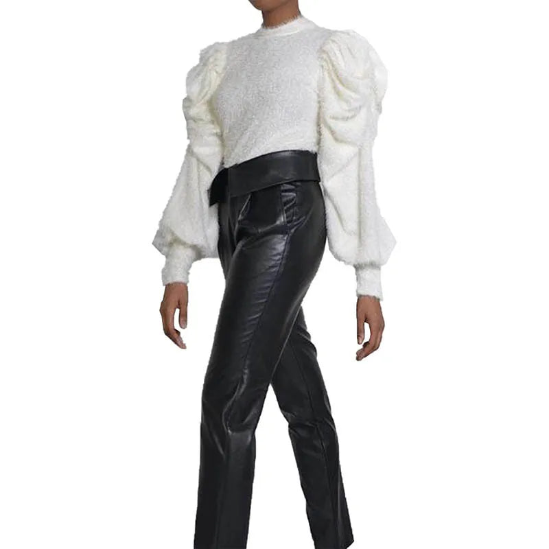 Sexy Knit Pleated Puff Sleeve Sweatshirt