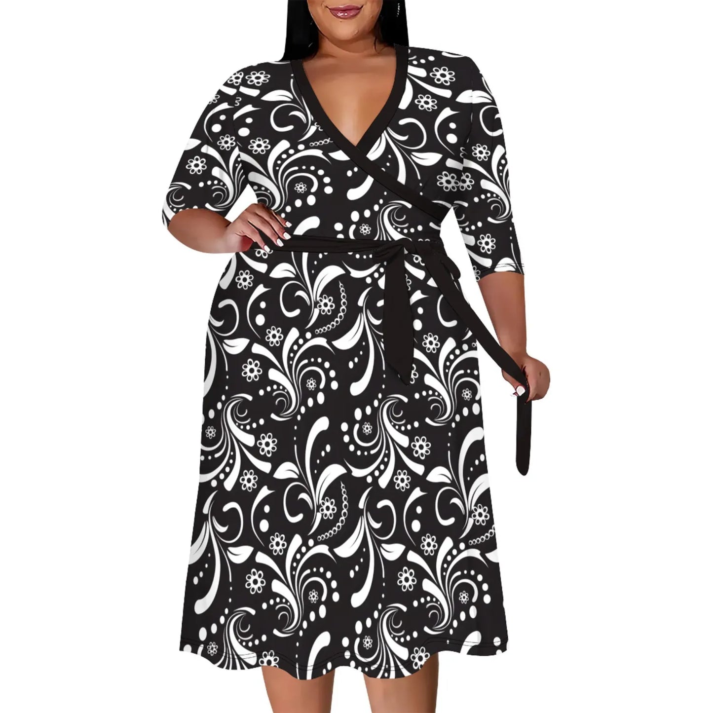 Custom Casual Print V Neck Plus Size Midi Dresses