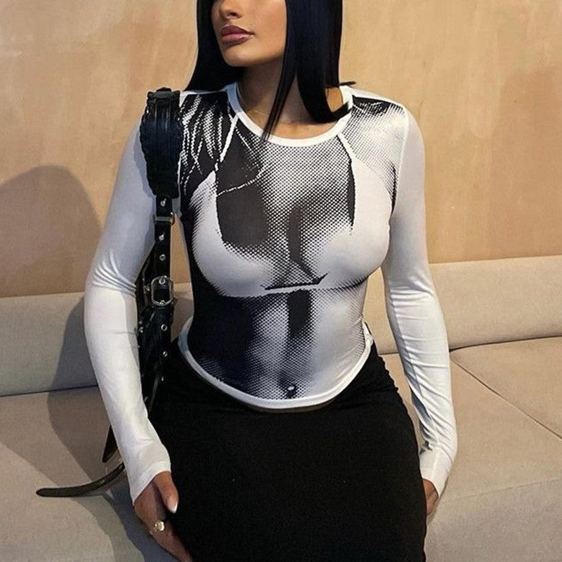 Trendy Round Neck Slim Long Sleeve Women's Tight Tops