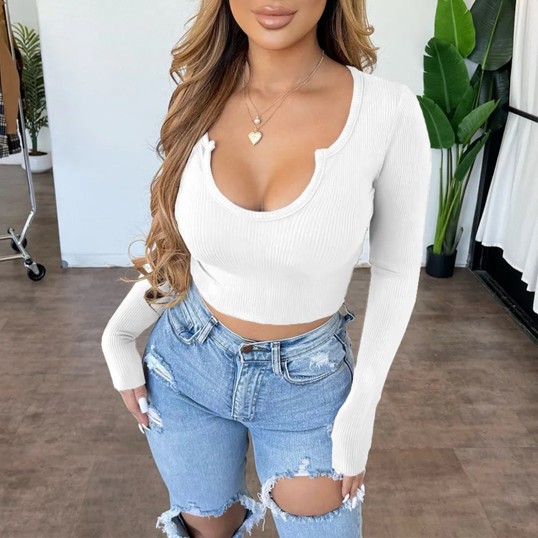 Solid Color Pit V Neck Long Sleeve Crop Top