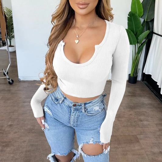 Solid Color Pit V Neck Long Sleeve Crop Top